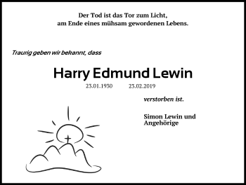 Traueranzeige von Harry Edmund Lewin von Lübecker Nachrichten