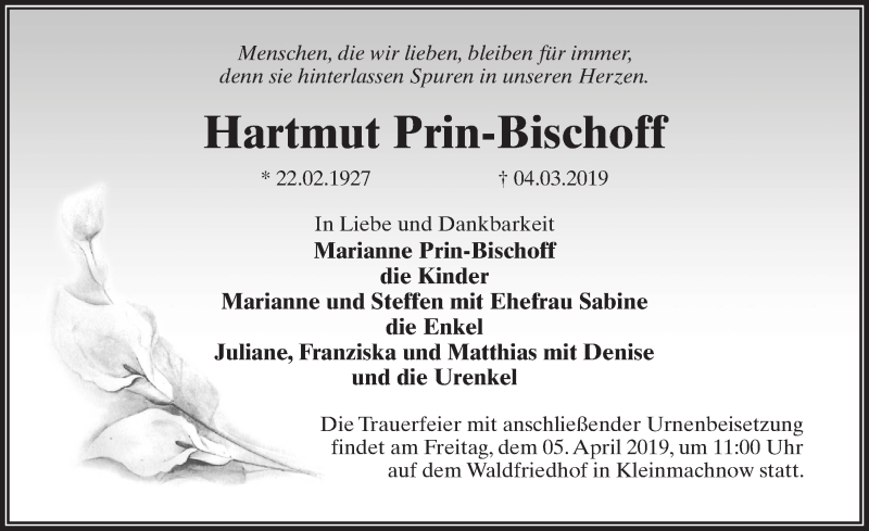  Traueranzeige für Hartmut Prin-Bischoff vom 16.03.2019 aus Märkischen Allgemeine Zeitung