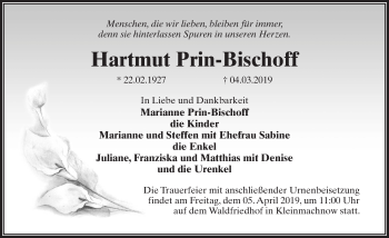 Traueranzeige von Hartmut Prin-Bischoff von Märkischen Allgemeine Zeitung