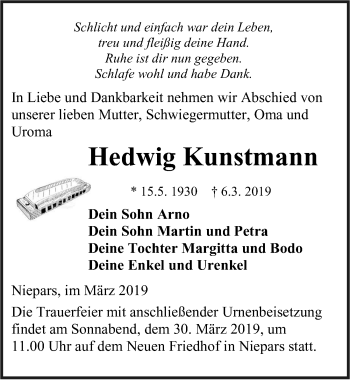 Traueranzeige von Hedwig Kunstmann von Ostsee-Zeitung GmbH