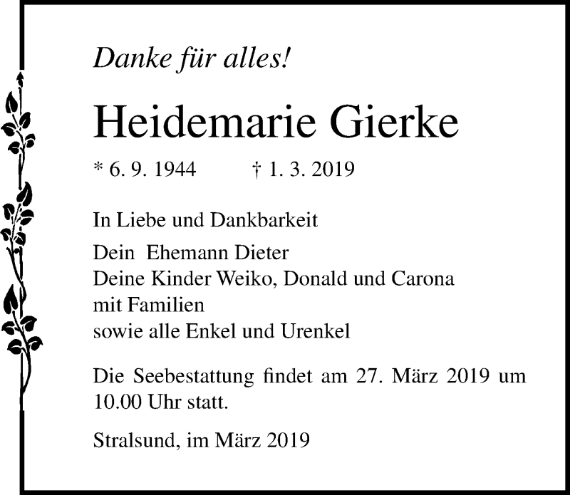  Traueranzeige für Heidemarie Gierke vom 09.03.2019 aus Ostsee-Zeitung GmbH