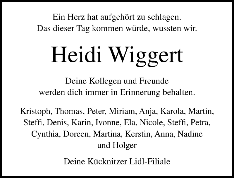  Traueranzeige für Heidi Wiggert vom 03.03.2019 aus Lübecker Nachrichten