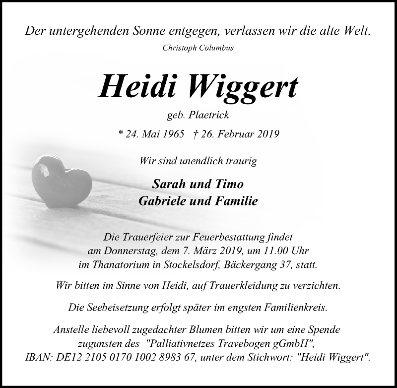  Traueranzeige für Heidi Wiggert vom 03.03.2019 aus Lübecker Nachrichten