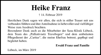 Traueranzeige von Heike Franz von Lübecker Nachrichten