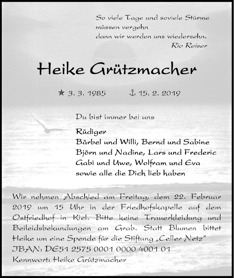  Traueranzeige für Heike Grützmacher vom 20.02.2019 aus Kieler Nachrichten