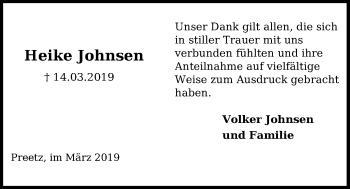 Traueranzeige von Heike Johnsen von Kieler Nachrichten