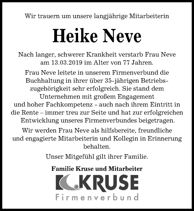 Traueranzeige für Heike Neve vom 16.03.2019 aus Kieler Nachrichten