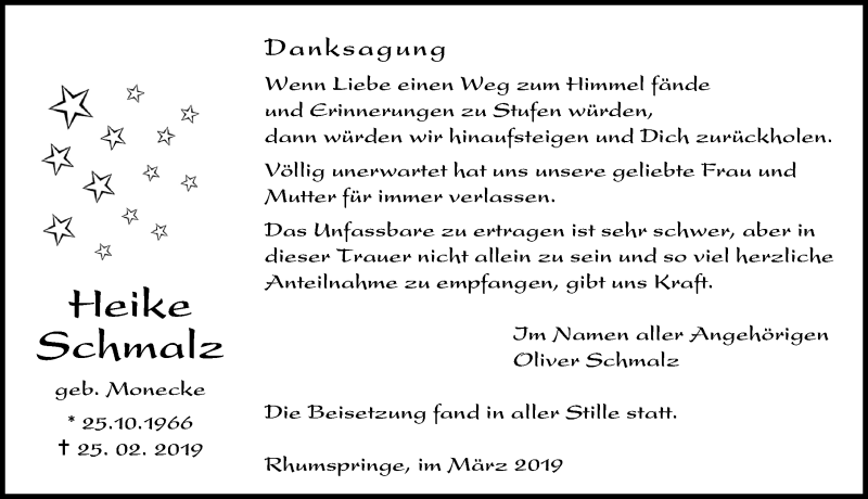  Traueranzeige für Heike Schmalz vom 30.03.2019 aus Eichsfelder Tageblatt