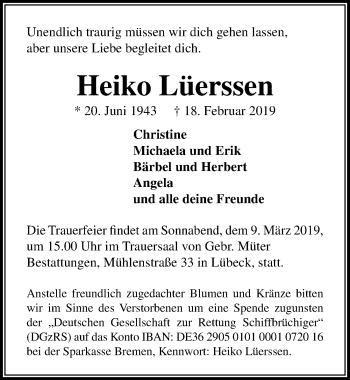 Traueranzeige von Heiko Lüerssen von Lübecker Nachrichten