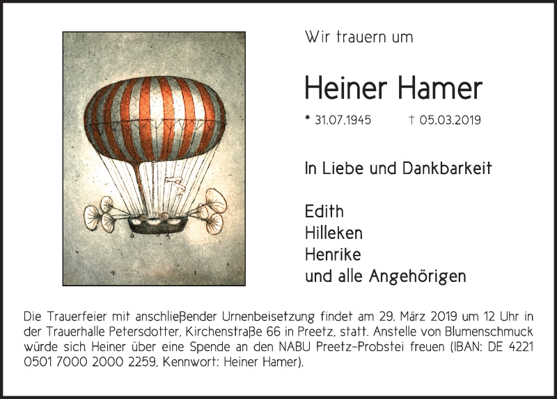  Traueranzeige für Heiner Hamer vom 16.03.2019 aus Kieler Nachrichten