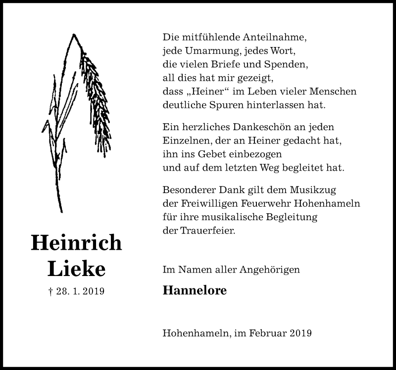  Traueranzeige für Heinrich Lieke vom 16.02.2019 aus Peiner Allgemeine Zeitung