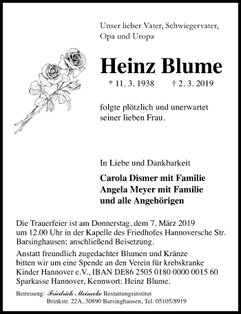 Traueranzeige von Heinz Blume von Hannoversche Allgemeine Zeitung/Neue Presse