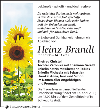 Traueranzeige von Heinz Brandt von Leipziger Volkszeitung