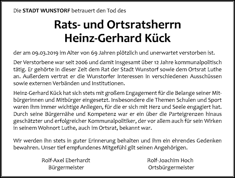  Traueranzeige für Heinz-Gerhard Kück vom 14.03.2019 aus Hannoversche Allgemeine Zeitung/Neue Presse