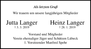 Traueranzeige von Heinz Langer von Lübecker Nachrichten