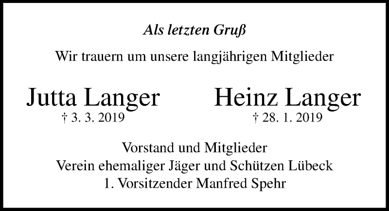  Traueranzeige für Heinz Langer vom 17.03.2019 aus Lübecker Nachrichten