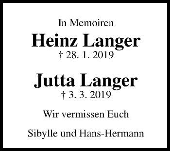 Traueranzeige von Heinz Langer von Lübecker Nachrichten