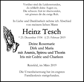 Traueranzeige von Heinz Tesch von Lübecker Nachrichten