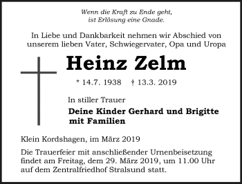 Traueranzeige von Heinz Zelm von Ostsee-Zeitung GmbH