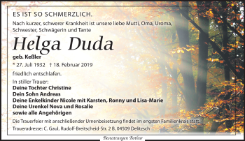 Traueranzeige von Helga Duda von Leipziger Volkszeitung