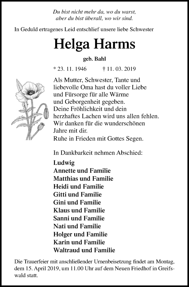  Traueranzeige für Helga Harms vom 30.03.2019 aus Ostsee-Zeitung GmbH