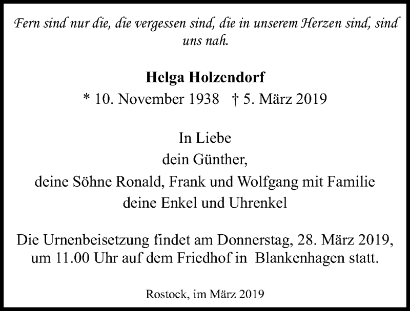  Traueranzeige für Helga Holzendorf vom 16.03.2019 aus Ostsee-Zeitung GmbH