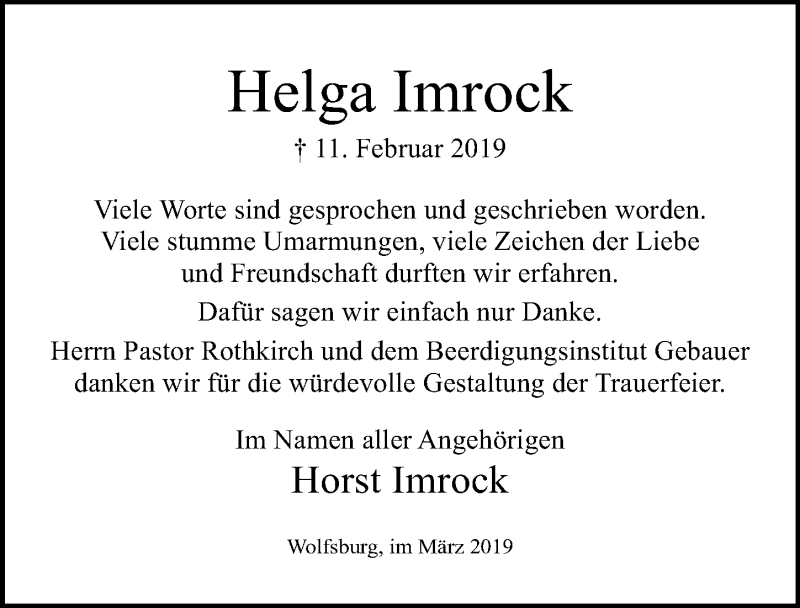  Traueranzeige für Helga Imrock vom 16.03.2019 aus Aller Zeitung
