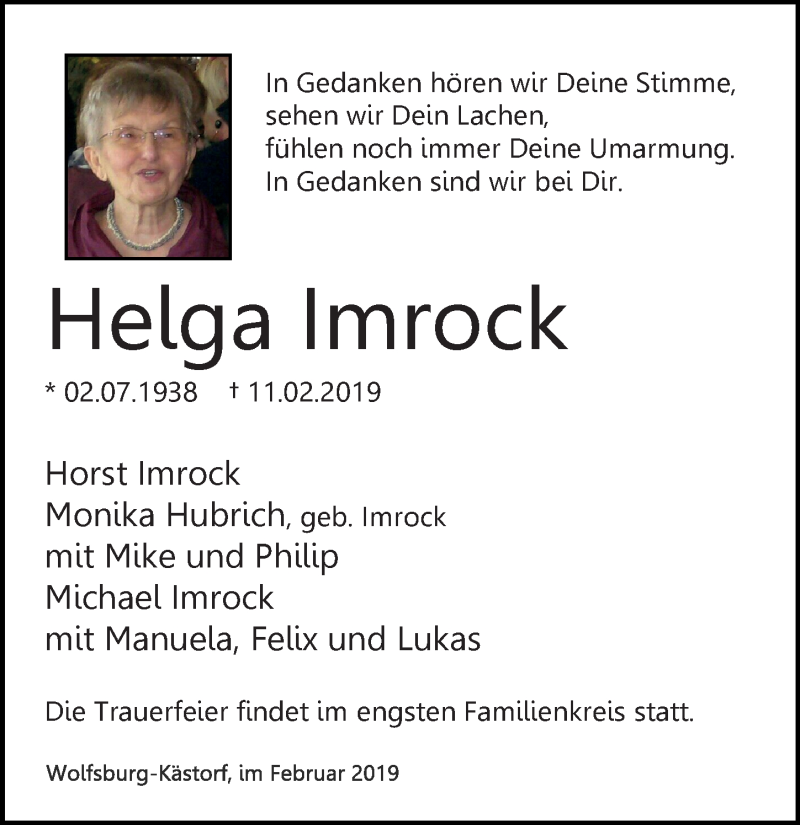  Traueranzeige für Helga Imrock vom 19.02.2019 aus Aller Zeitung