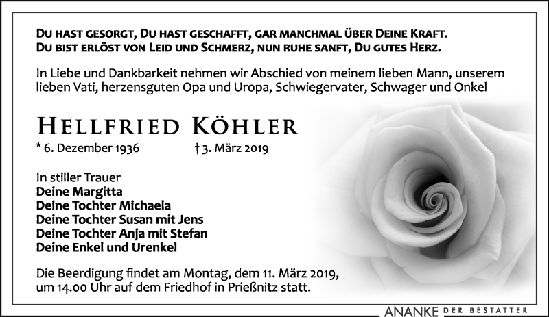  Traueranzeige für Hellfried Köhler vom 07.03.2019 aus Leipziger Volkszeitung