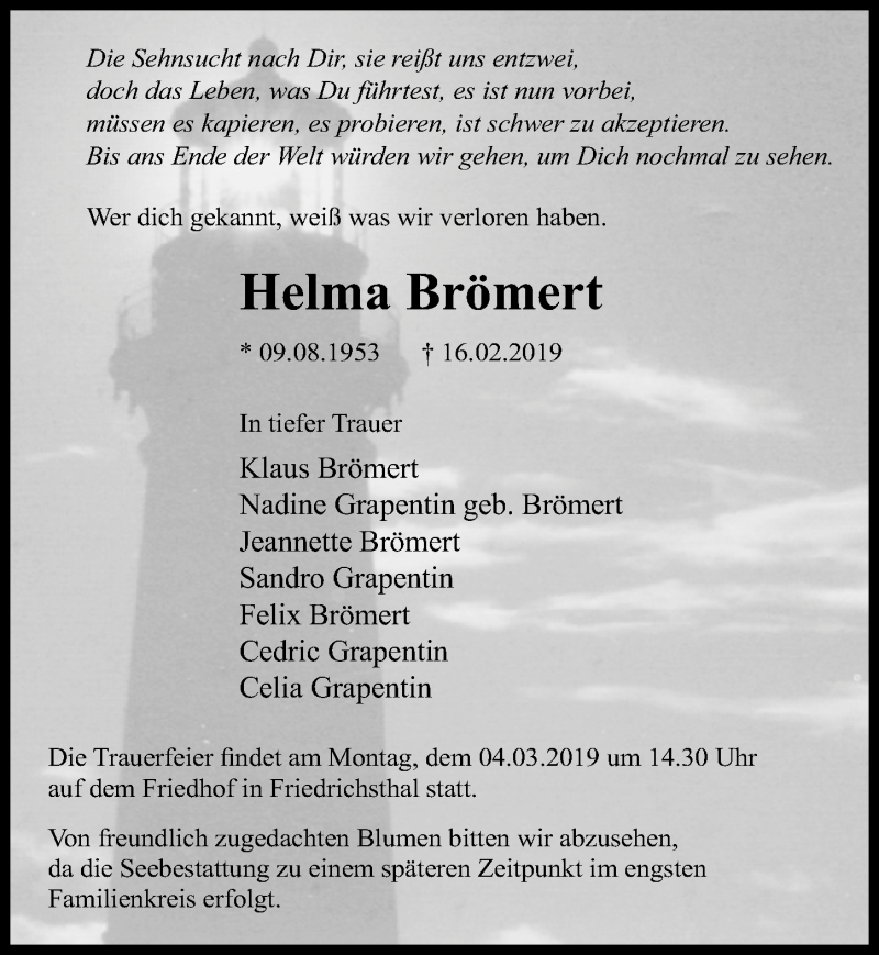  Traueranzeige für Helma Brömert vom 23.02.2019 aus Märkischen Allgemeine Zeitung