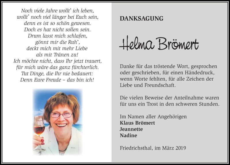  Traueranzeige für Helma Brömert vom 16.03.2019 aus Märkischen Allgemeine Zeitung
