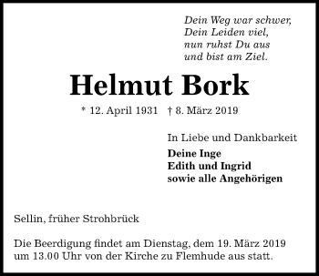 Traueranzeige von Helmut Bork von Kieler Nachrichten