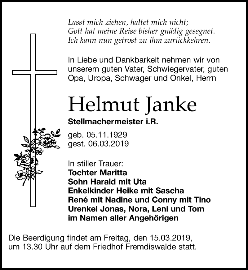  Traueranzeige für Helmut Janke vom 09.03.2019 aus Leipziger Volkszeitung