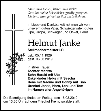 Traueranzeige von Helmut Janke von Leipziger Volkszeitung