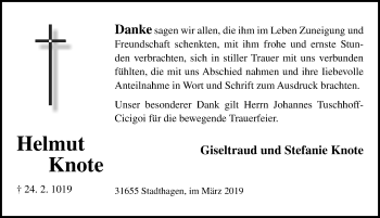Traueranzeige von Helmut Knote von Schaumburger Nachrichten