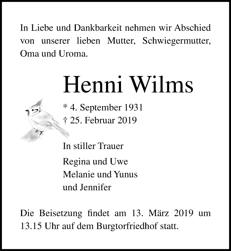  Traueranzeige für Henni Wilms vom 03.03.2019 aus Lübecker Nachrichten