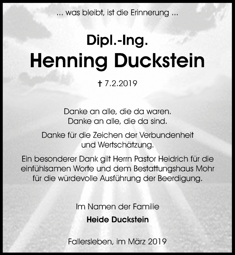  Traueranzeige für Henning Duckstein vom 14.03.2019 aus Aller Zeitung
