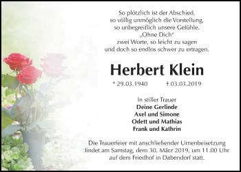 Traueranzeige von Herbert Klein von Märkischen Allgemeine Zeitung