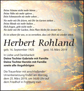 Traueranzeige von Herbert Rohland von Leipziger Volkszeitung