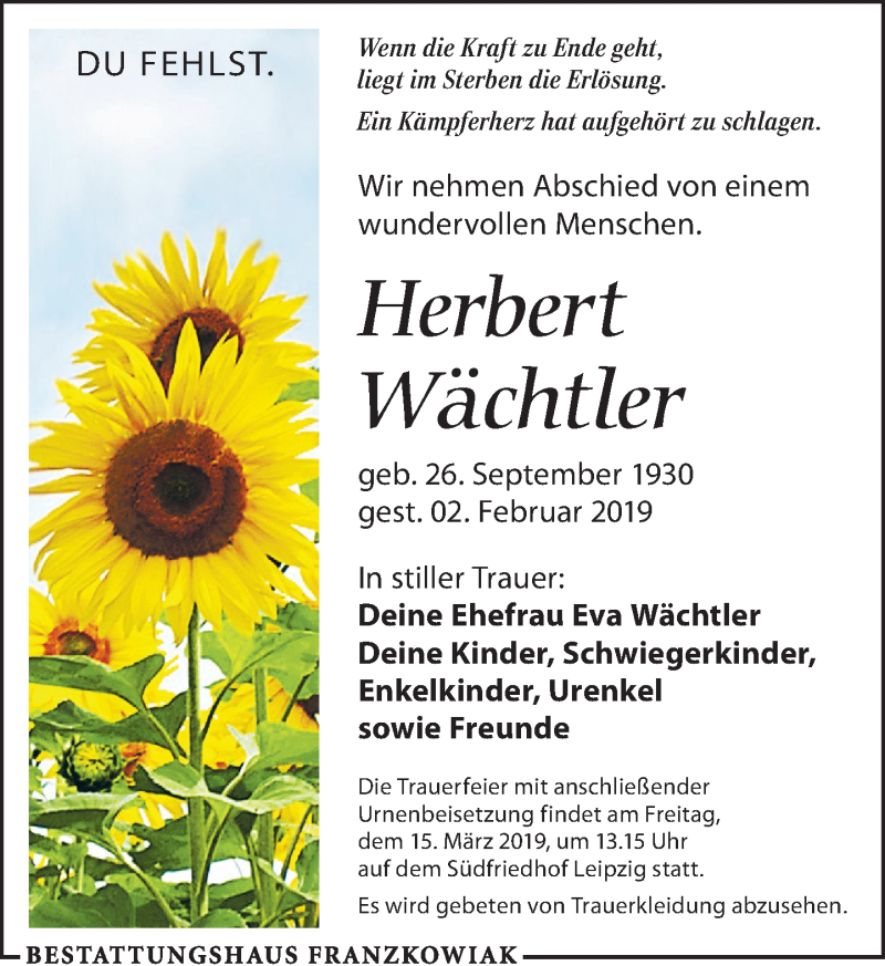  Traueranzeige für Herbert Wächtler vom 23.02.2019 aus Leipziger Volkszeitung