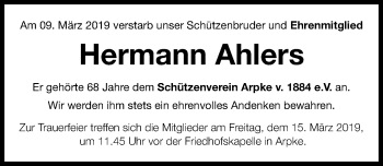 Traueranzeige von Hermann Ahlers von Hannoversche Allgemeine Zeitung/Neue Presse