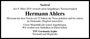 Traueranzeige von Hermann Ahlers von Hannoversche Allgemeine Zeitung/Neue Presse