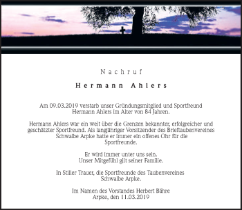 Traueranzeige von Hermann Ahlers von Hannoversche Allgemeine Zeitung/Neue Presse