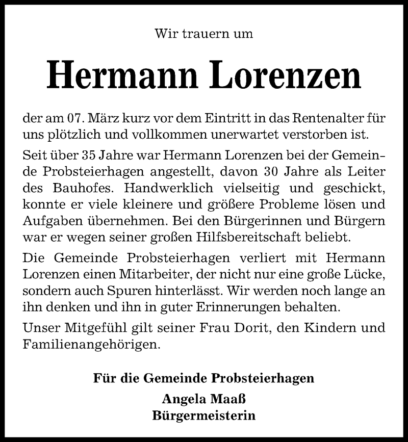  Traueranzeige für Hermann Lorenzen vom 14.03.2019 aus Kieler Nachrichten