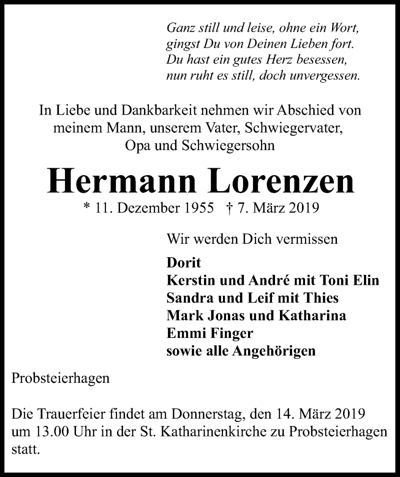  Traueranzeige für Hermann Lorenzen vom 12.03.2019 aus Kieler Nachrichten