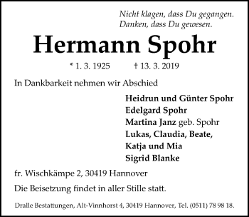 Traueranzeige von Hermann Spohr von Hannoversche Allgemeine Zeitung/Neue Presse