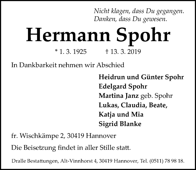  Traueranzeige für Hermann Spohr vom 23.03.2019 aus Hannoversche Allgemeine Zeitung/Neue Presse