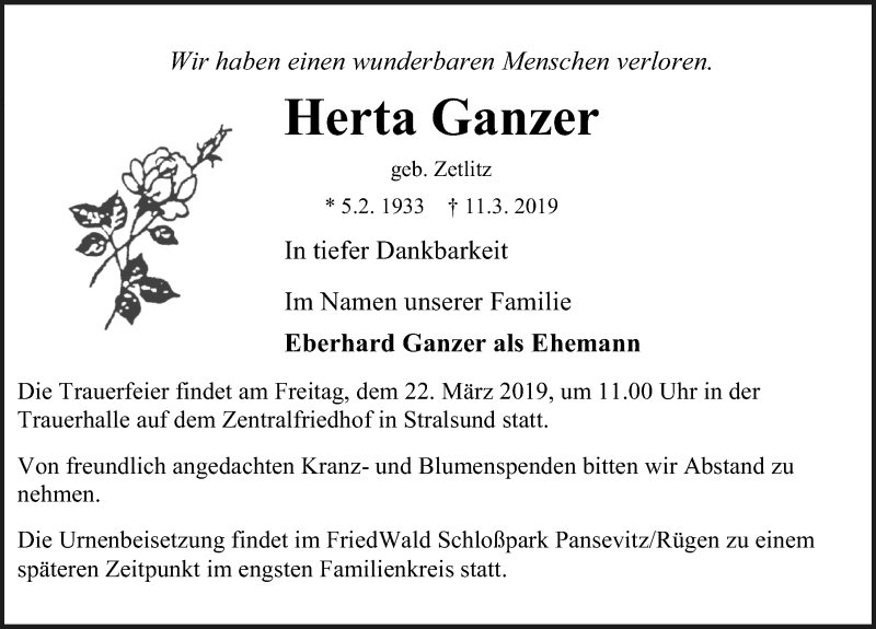  Traueranzeige für Herta Ganzer vom 19.03.2019 aus Ostsee-Zeitung GmbH