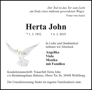 Traueranzeige von Herta John von Aller Zeitung