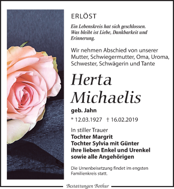 Traueranzeige von Herta Michaelis von Leipziger Volkszeitung